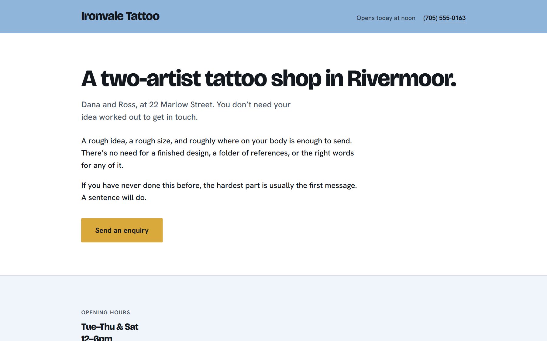 Concept build for a tattoo studio, shown anonymised